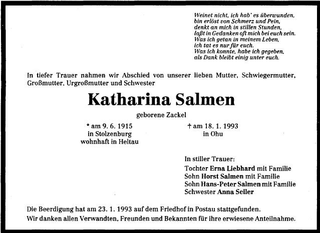 Zackel Katharina 1915-1993 Todesanzeige